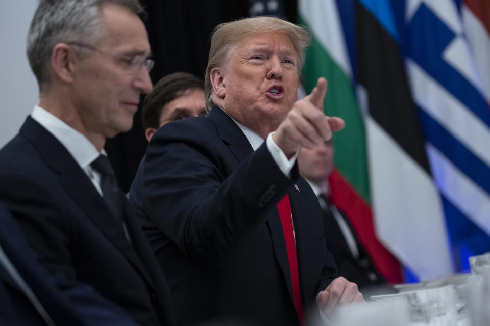 President Donald Trump speaks during a working lunch with NATO members that have met their financial commitments to the the organization, at The Grove, Wednesday, Dec. 4, 2019, in Watford, England. (AP Photo/ Evan Vucci)