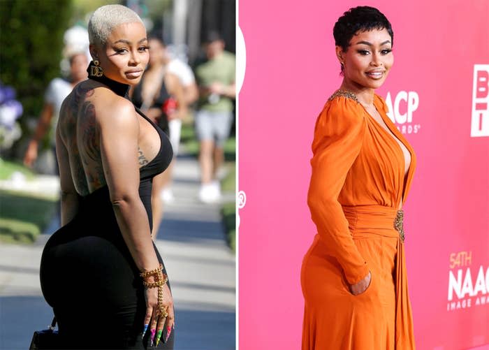 Left: Angela White, aka Blac Chyna, in June 2022. Right: Angela White in February 2023.