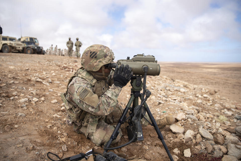 U.S military forces take part in a large scale drill as part of the African Lion military exercise, in Tantan, south of Agadir, Morocco, Friday, June 18, 2021. The U.S.-led African Lion war games, which lasted nearly two weeks, stretched across Morocco, a key U.S, ally, with smaller exercises held in Tunisia and in Senegal, whose troops ultimately moved to Morocco. (AP Photo/Mosa'ab Elshamy)