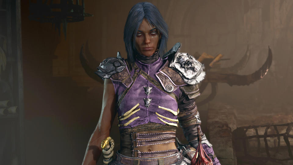  Diablo 4 Necromancer wearing purple armor with metal skull shoulderpads. 