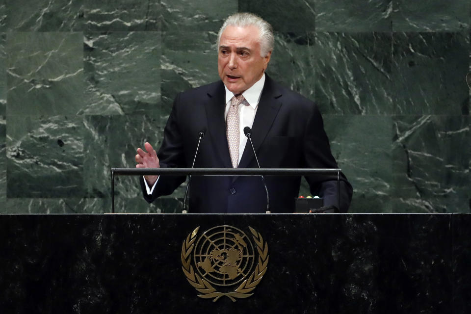 Brazil's President Michel Temer addresses the 73rd session of the United Nations General Assembly, at U.N. headquarters, Tuesday, Sept. 25, 2018. (AP Photo/Richard Drew)