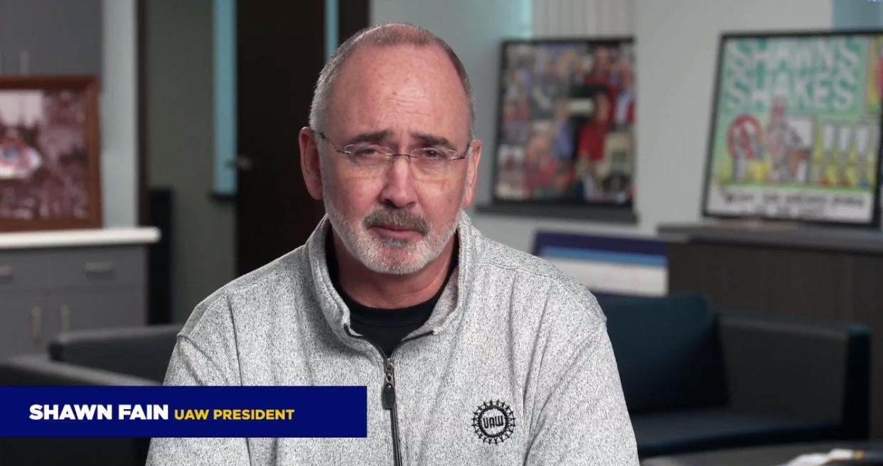 UAW President Shawn Fain speaks during a Facebook livestream on Tuesday, Jan. 16, 2024.