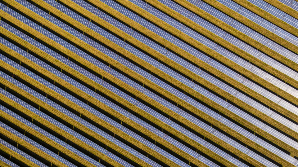 <p>Long lines of solar panels stripe the ground.</p>