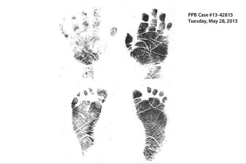 <p>Portland Police Bureau</p> The hand and footprints of "Baby Precious."