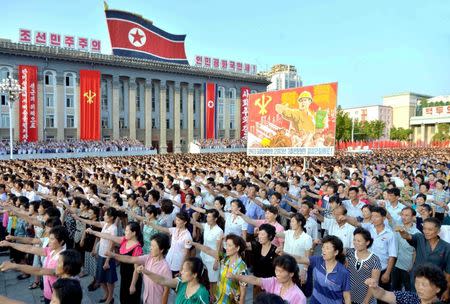 People participate in a Pyongyang city mass rally held at Kim Il Sung Square on August 9, 2017, to fully support the statement of the Democratic People's Republic of Korea (DPRK) government in this photo released on August 10, 2017 by North Korea's Korean Central News Agency (KCNA) in Pyongyang. KCNA/via REUTERS