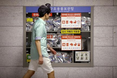 A relief goods storage is seen inside a subway station which is used as a shelter for emergency situation in Seoul, South Korea, August 11, 2017. REUTERS/Kim Hong-Ji