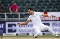 England's Steven Finn misses a catch during the third cricket test match against South Africa in Johannesburg, South Africa, January 14, 2016. REUTERS/Siphiwe Sibeko