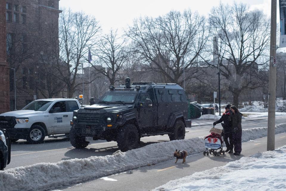 An armoured vehicle belonging to the Toronto Police’s Emergency Task Force in downtown Toronto on Feb. 13, 2022. (Shutterstock)