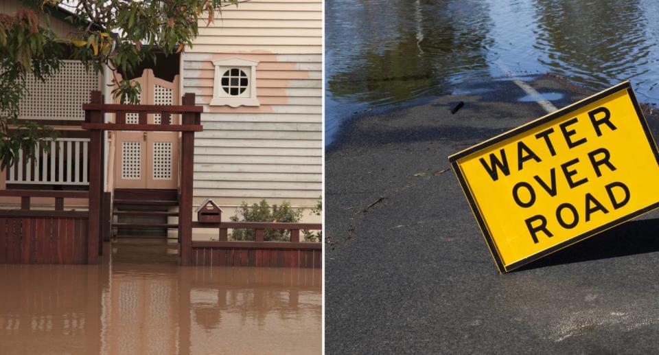 Side-by-side image. Left: House and letterbox inundated with flood water. Right: Water Over Road sign.