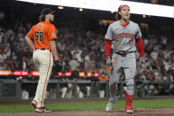 Cincinnati Reds' Stuart Fairchild (17) celebrates after hitting an inside-the-park home run off of San Francisco Giants pitcher Erik Miller (68) during the eighth inning of a baseball game in San Francisco, Friday, May 10, 2024. (AP Photo/Jeff Chiu)
