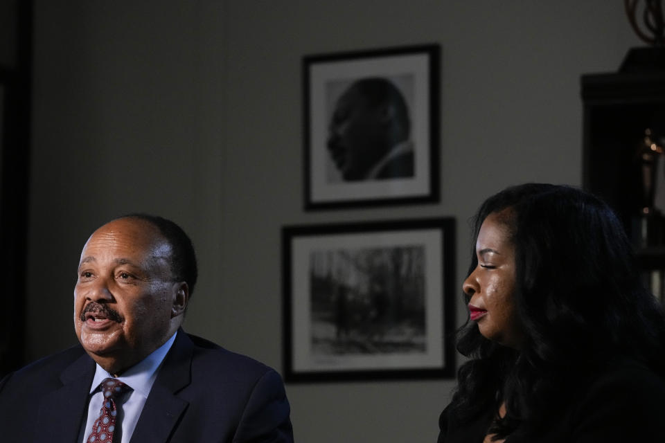 Martin Luther King III, left, and Arndrea Waters King sit for an interview with the Associated Press on Wednesday, Aug. 16, 2023, in Atlanta. (AP Photo/Brynn Anderson)