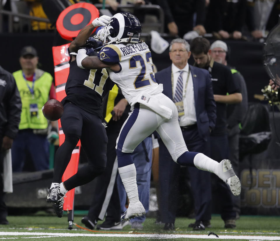 Los Angeles Rams defensive back Nickell Robey-Coleman (23) wasn’t called for pass interference on a key play in the NFC championship game. (AP)