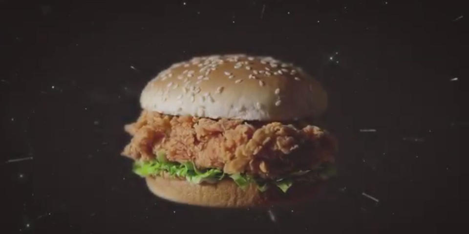 Marketing materials for KFC show the Zinger chicken sandwich in space. In reality, a Zinger sandwich is scheduled to fly to the stratosphere for four days on a World View Stratollite system. <cite>World View</cite>