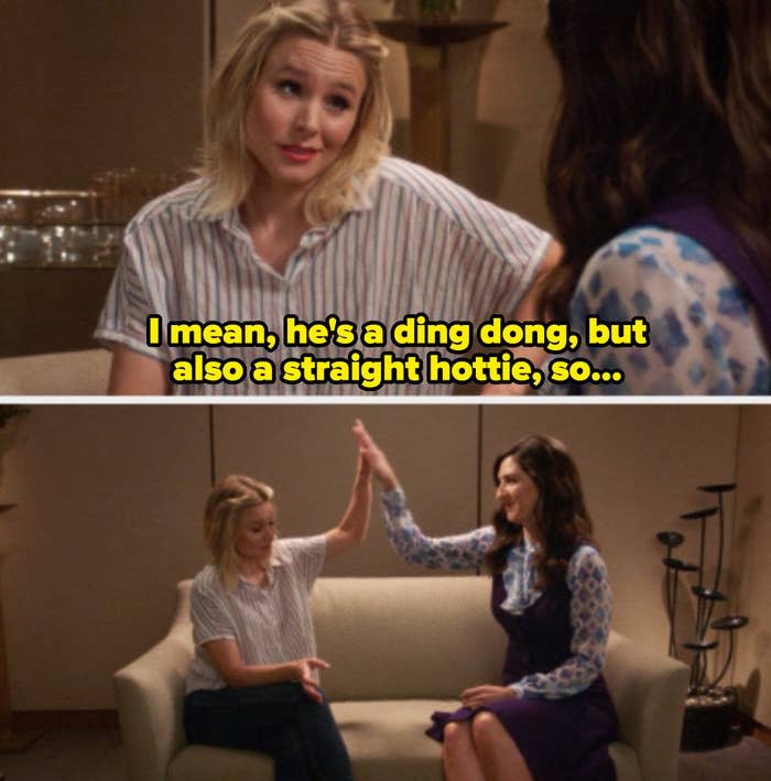 Eleanor from "The Good Place" telling Janet: "I mean, he's a ding dong, but also a straight hottie, so..."