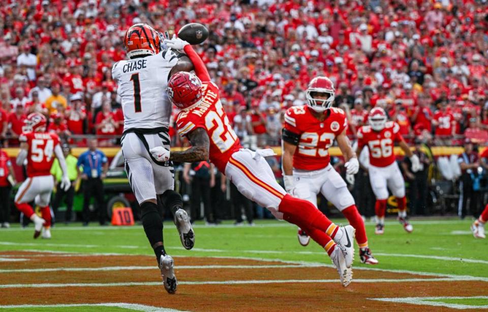 Kansas City Chiefs cornerback Trent McDuffie (22) denies Cincinnati Bengals wide receiver Ja’Marr Chase (1) a touchdown reception in the first quarter Sunday, Sept. 15, 2024, at GEHA Field at Arrowhead Stadium.