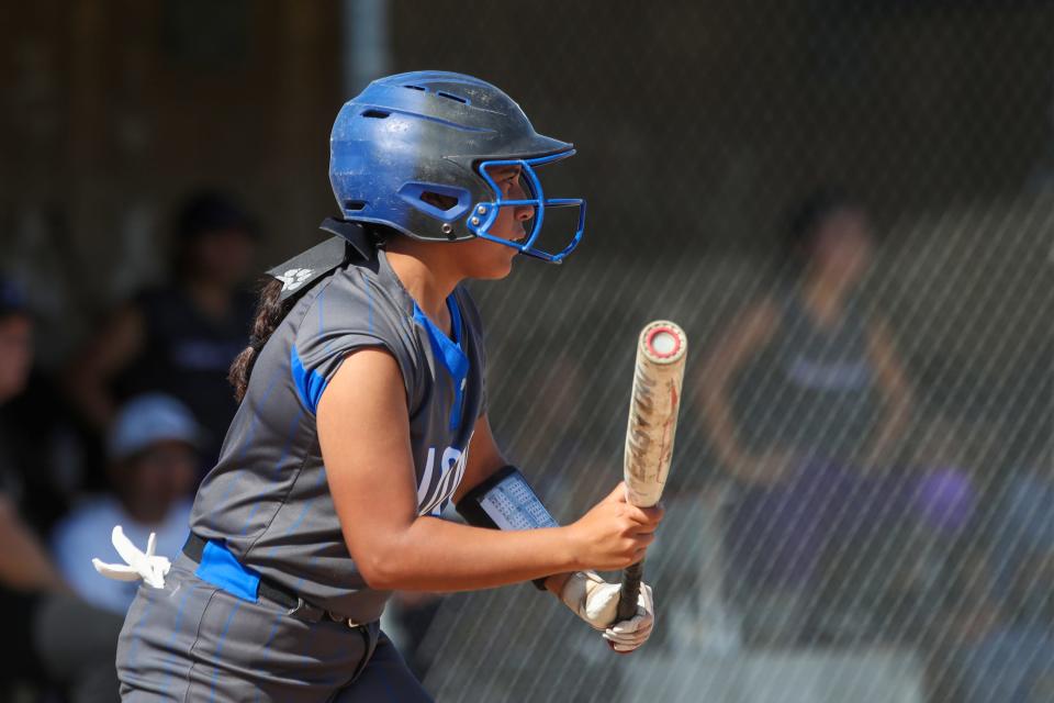 Cathedral City catcher Kirra Perez (5) prepares to bunt during a second-round CIF-SS Division 7 win against Vista Del Lago in Cathedral City, Calif., on Tuesday, May 7, 2024.