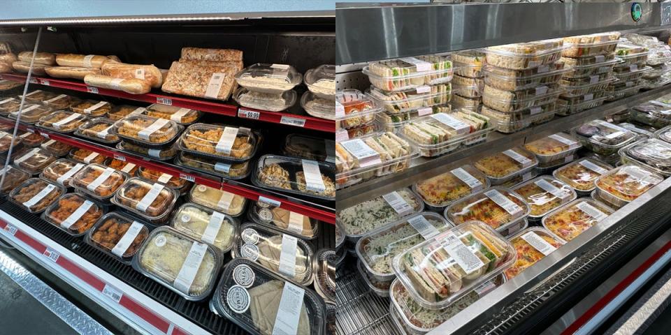 Premade meal section in open fridge at BJ's next to photo of containers in premade meal section in Costco