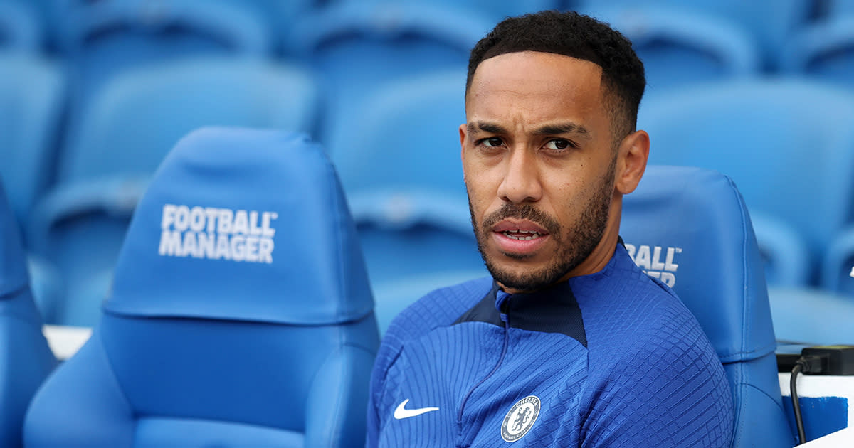  Chelsea star Pierre-Emerick Aubameyang looks on prior to the Premier League match between Brighton & Hove Albion and Chelsea FC at American Express Community Stadium on October 29, 2022 in Brighton, England. 