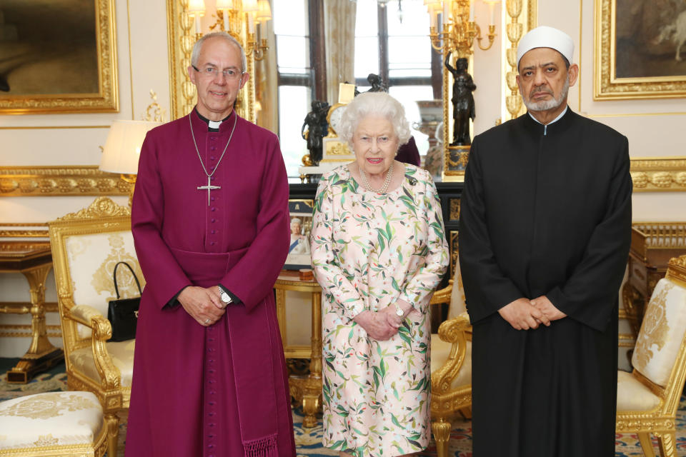 The Queen with Archbishop of Canterbury and the Grand Imam of Al-Azhar the day Donald Trump arrived in the UK. [Photo: PA]