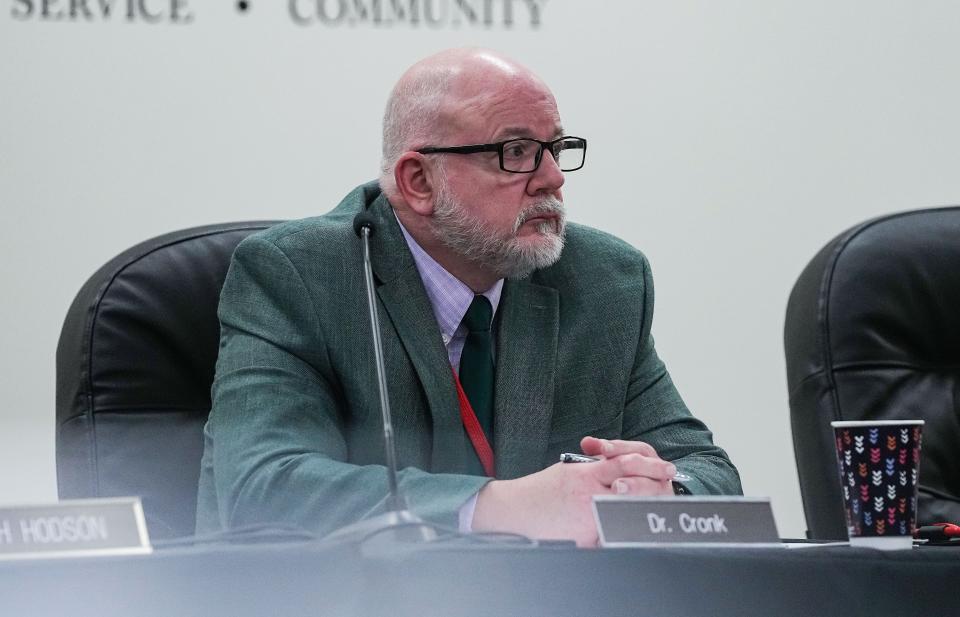 Dr. Joe Cronk, Superintendent of Anderson Community School Corporation, listens to speakers on Tuesday, April 12, 2022, at Anderson Community Schools Administration Center in Anderson.