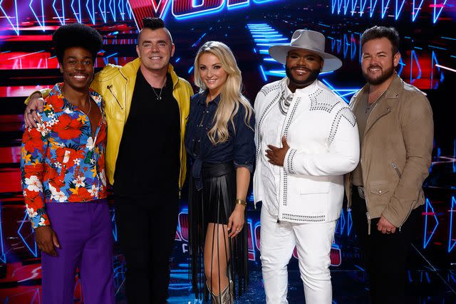 <p>Trae Patton/NBC/Getty</p> Nathan Chester, Bryan Olesen, Karen Waldrup, Asher HaVon and Josh Sanders on 'The Voice'.