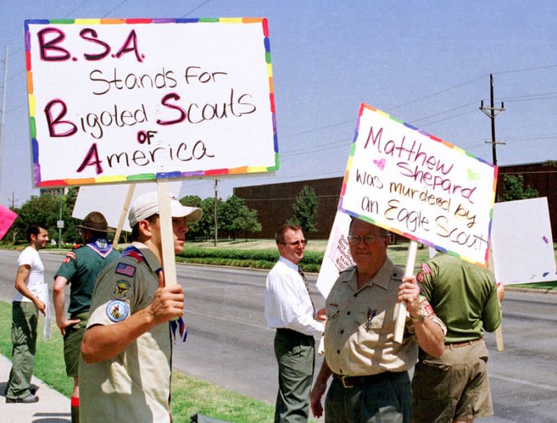 Protesters, including current and former Scouts, protest in front of the Circle Ten Council Headquarters in Dallas, Texas, on August 21, 2000. On this day in 2000, the U.S. Supreme Court rules that the Boy Scouts of America had a constitutional right to exclude gay members. File Photo by Ian Halperin/UPI