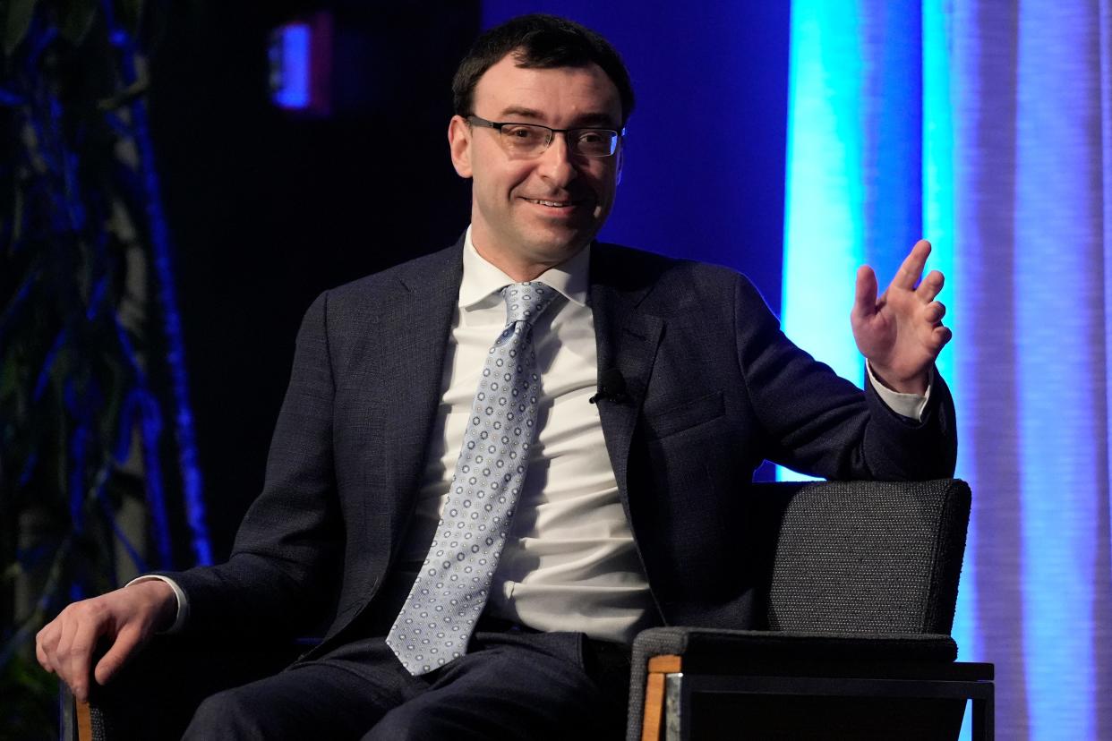 Sports commentator Jason Benetti host the discussion during a Xavier University basketball preseason preview event at the Cintas Center in Cincinnati on Monday, Oct. 2, 2023.
