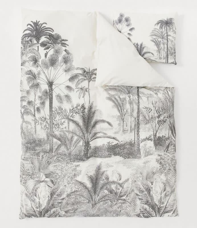 The black and white duvet with the palm tree print is still available for sale at H&M.<p><a href="https://www2.hm.com/en_us/productpage.0823805001.html" rel="nofollow noopener" target="_blank" data-ylk="slk:H&M;elm:context_link;itc:0;sec:content-canvas" class="link ">H&M</a></p>