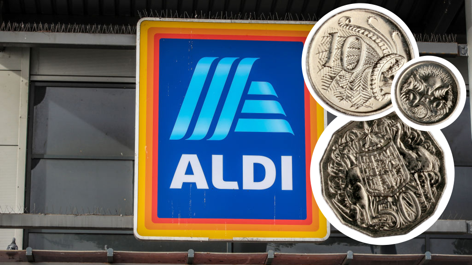 Pictured: Aldi logo, Australian 50c, 10c, 5c coins. Images: Getty