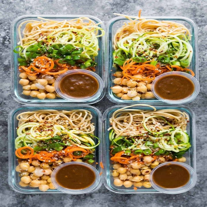 4 cold sesame noodle bowls with chickpeas.