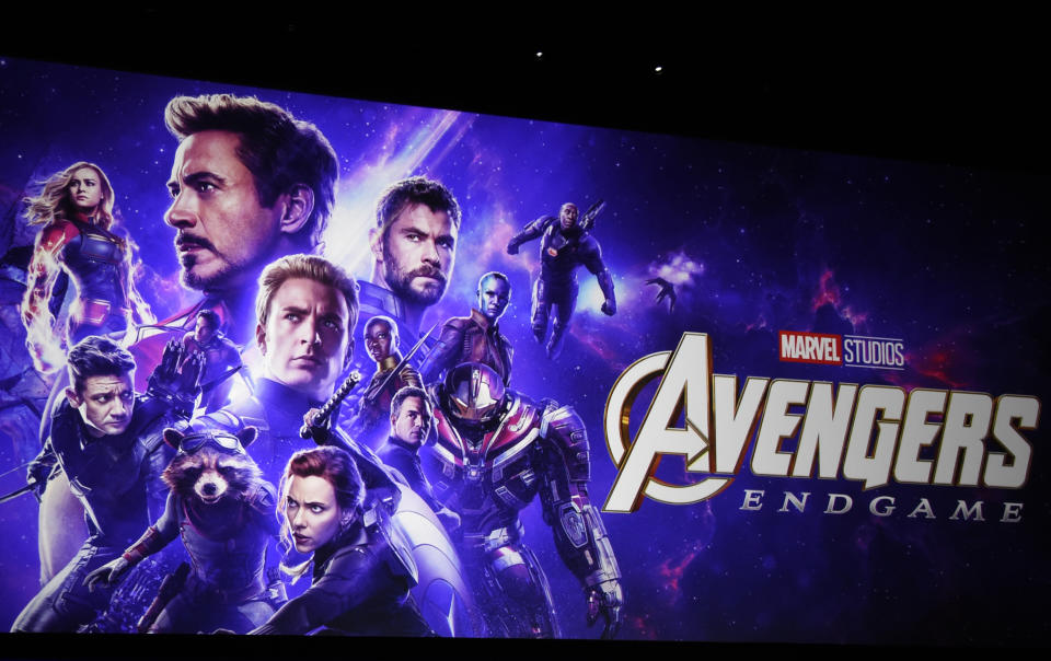 Artwork for the Marvel film "Avengers: Endgame" appears on stage during the Walt Disney Studios Motion Pictures presentation at CinemaCon, the official convention of the National Association of Theatre Owners (NATO) on April 3, 2019, in Las Vegas. Disneyland said Thursday, April 8, 2021, that its new Avengers Campus will debut on June 4, nearly a year after originally planned. (Photo by Chris Pizzello/Invision/AP, File)