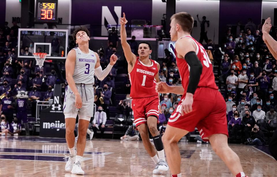 Jan 18, 2022; Evanston, Illinois, USA; Wisconsin Badgers guard Johnny Davis (1) reacts after making a three point basket against the Northwestern Wildcats during the first half at Welsh-Ryan Arena. Mandatory Credit: David Banks-USA TODAY Sports