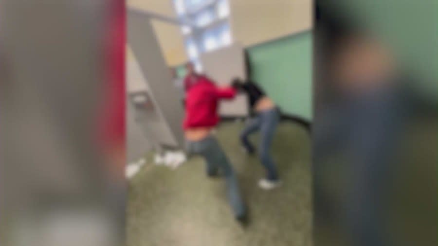 Shaylee Mejia and another girl seen fighting in a school bathroom at Manual Arts High School. (Maria Juarez)