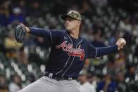 Atlanta Braves starting pitcher Drew Smyly throws during the first inning of a baseball game against the Milwaukee Brewers Friday, May 14, 2021, in Milwaukee. (AP Photo/Morry Gash)