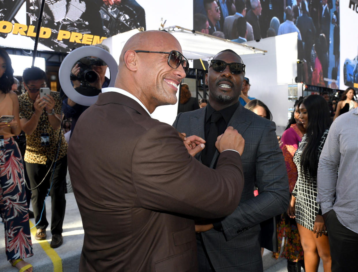 HOLLYWOOD, CALIFORNIA - JULY 13: (L-R) Dwayne Johnson and Idris Elba arrives at the premiere of Universal Pictures' "Fast & Furious Presents: Hobbs & Shaw" at Dolby Theatre on July 13, 2019 in Hollywood, California. (Photo by Kevin Winter/Getty Images)