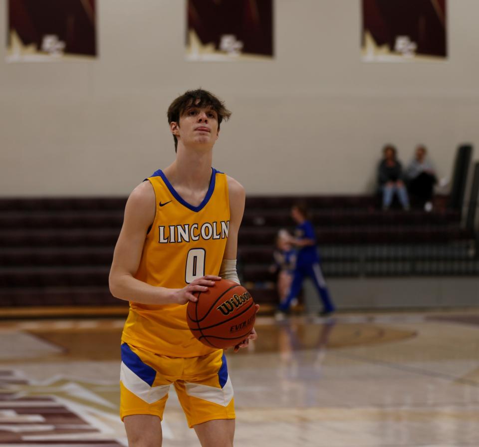 Lincoln junior Tyler Wyles prepares to shoot a free throw during warmups before a game against Seton Feb. 19, 2022, at Earlham College.