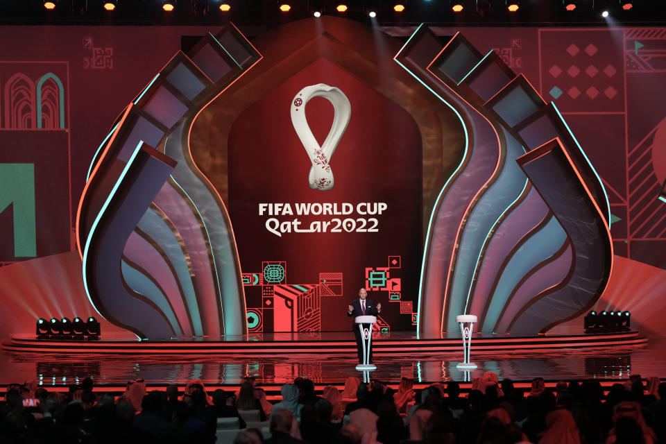 FILE - FIFA President Gianni Infantino speaks before the 2022 soccer World Cup draw at the Doha Exhibition and Convention Center in Doha, Qatar, Friday, April 1, 2022. (AP Photo/Hassan Ammar, File)