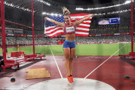 <p>USA's Valarie Allman jumps for joy after winning the gold medal in the Women's Discus Final at Olympic Stadium on August 2.</p>