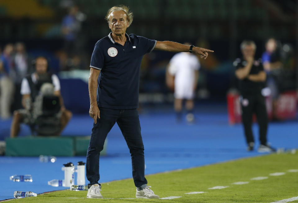 Tunisia's head coach Alain Giresse gives instructions during the African Cup of Nations third place soccer match between Tunisia and Nigeria in Al Salam stadium in Cairo, Egypt, Wednesday, July 17, 2019. (AP Photo/Ariel Schalit)
