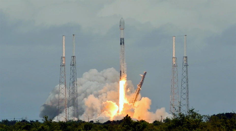 A SpaceX Falcon 9 rocket blasts off from the Cape Canaveral Space Force Station, carrying the SES-22 communications satellite. June 29, 2022.  / Credit: William Harwood/CBS News