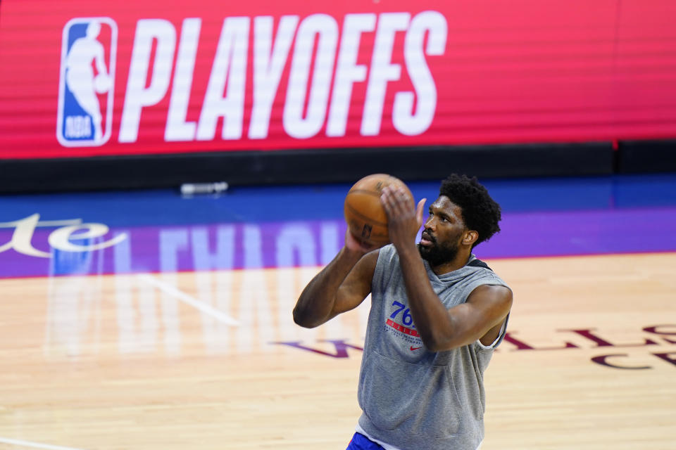 Philadelphia 76ers' Joel Embiid practices before Game 5 in a first-round NBA basketball playoff series against the Washington Wizards, Wednesday, June 2, 2021, in Philadelphia. (AP Photo/Matt Slocum)
