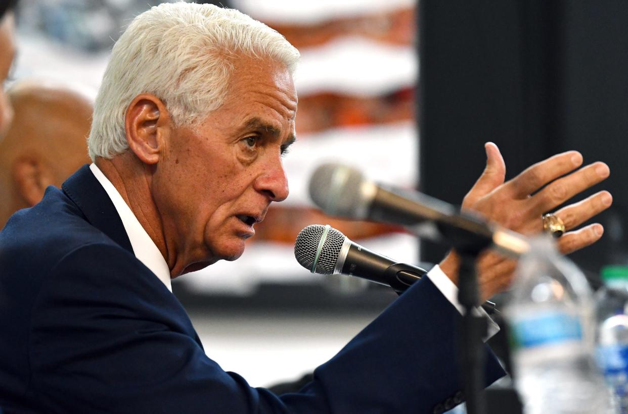 Democratic gubernatorial candidate Charlie Crist, seen here during a debate in June, vowed to defend reproductive rights Tuesday at a Palm Beach County campaign rally.