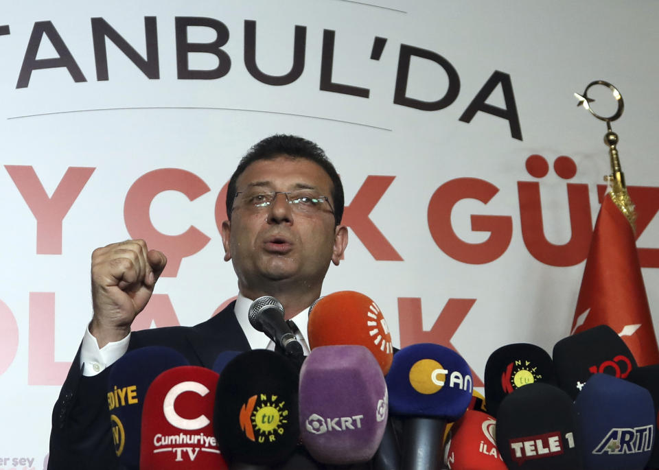 Ekrem Imamoglu, candidate of Turkey's secular opposition Republican People's Party, makes a statement after his election victory, in Istanbul, Sunday, June 23, 2019. Turkish President Recep Tayyip Erdogan has congratulated Imamoglu who won a repeat mayoral election in Istanbul and defeated Erdogan's candidate for the second time. (AP Photo/Burhan Ozbilici)