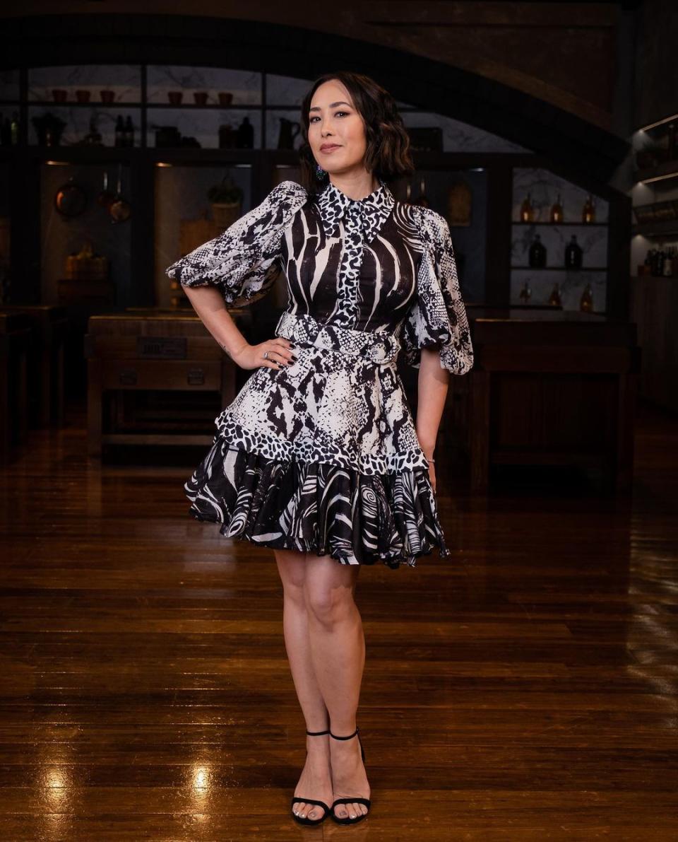 Melissa Leong wearing a black and white animal print mini dress on Celebrity MasterChef Australia 2021. Photo: Channel 10.