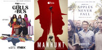 This combination of images show promotional art for upcoming shows "The Girls on the Bus," premiering March 14 on Max, left, "Manhunt," premiering March 15 on Apple TV+, center, and "Apples Never Fall," premiering March 14 on Peacock. (Max/Apple TV+/Peacock via AP)