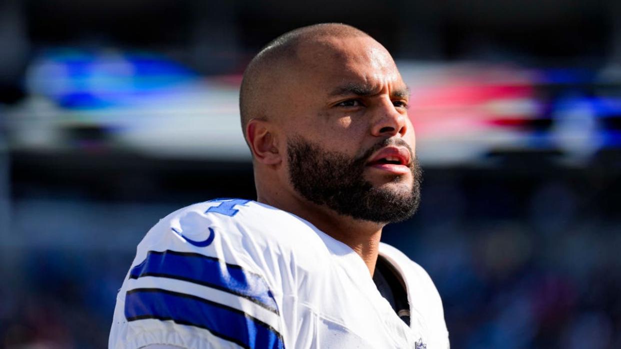 <div>CHARLOTTE, NORTH CAROLINA - NOVEMBER 19: Dak Prescott #4 of the Dallas Cowboys looks on prior to an NFL football game against the Carolina Panthers at Bank of America Stadium on November 19, 2023 in Charlotte, North Carolina. (Kara Durrette/Getty Images)</div>