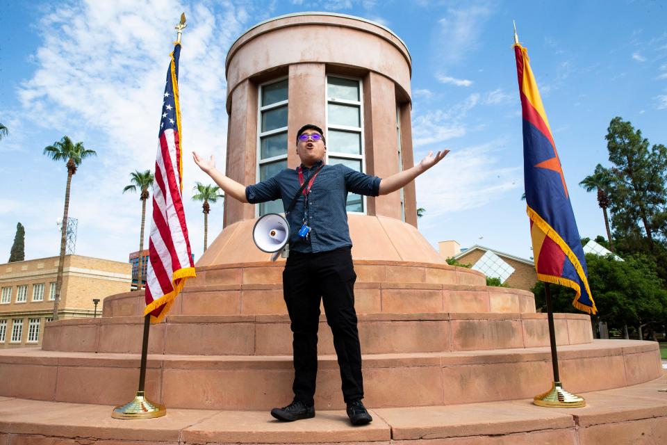 Alton Zhang, a University of Arizona student, speaks at a protest Aug. 13 against Arizona State University's mask mandate.