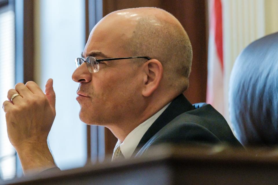Judge Michael Ernest asks questions of counsel during a hearing in the lawsuit brought against the City of Dover and Law Director Douglas O'Meara by Richard Homrighausen, former mayor of Dover, Monday, in the Tuscarawas Court of Common Pleas.