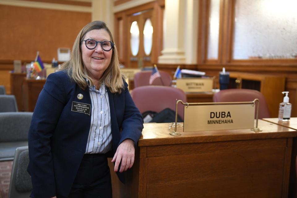 Representative Linda Duba poses next to her desk before the State of the State address on Tuesday, Jan. 9, 2024 at South Dakota State Capitol in Pierre.