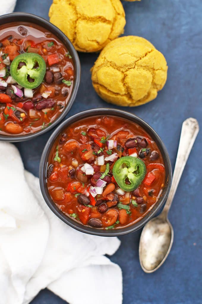 <p>If your family isn't a fan of too much spice, go easy on the chipotle chili powder in this one.</p><p><strong>Get the recipe for <a href="https://www.onelovelylife.com/vegan-chipotle-black-bean-chili/" rel="nofollow noopener" target="_blank" data-ylk="slk:Chipotle Black Bean Chili" class="link ">Chipotle Black Bean Chili</a> at One Lovely Life.</strong><br></p>
